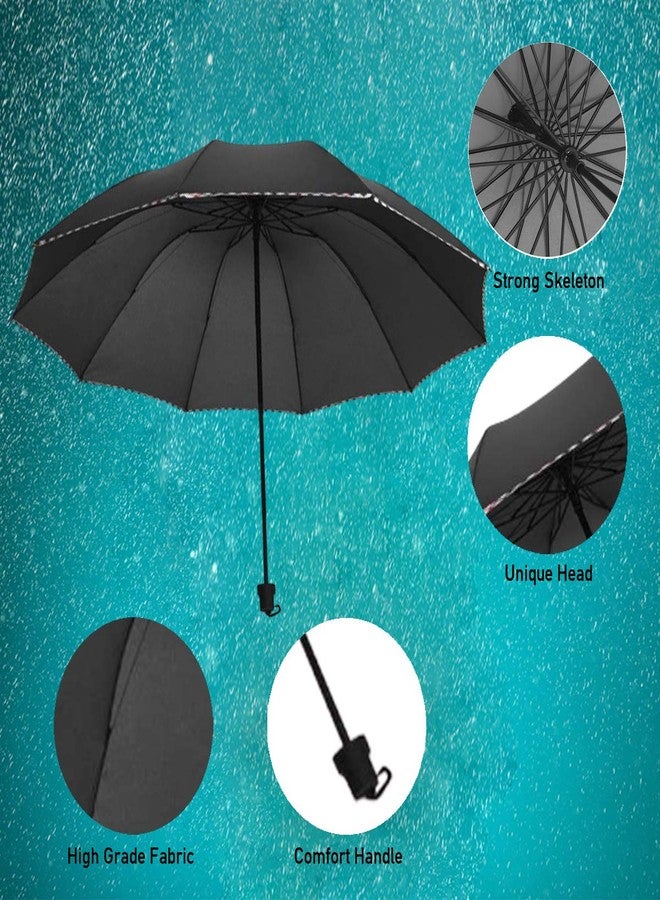 KEKEMI 3 Fold Plain Pipine Umbrella for Men & Women (Black) - Image 2